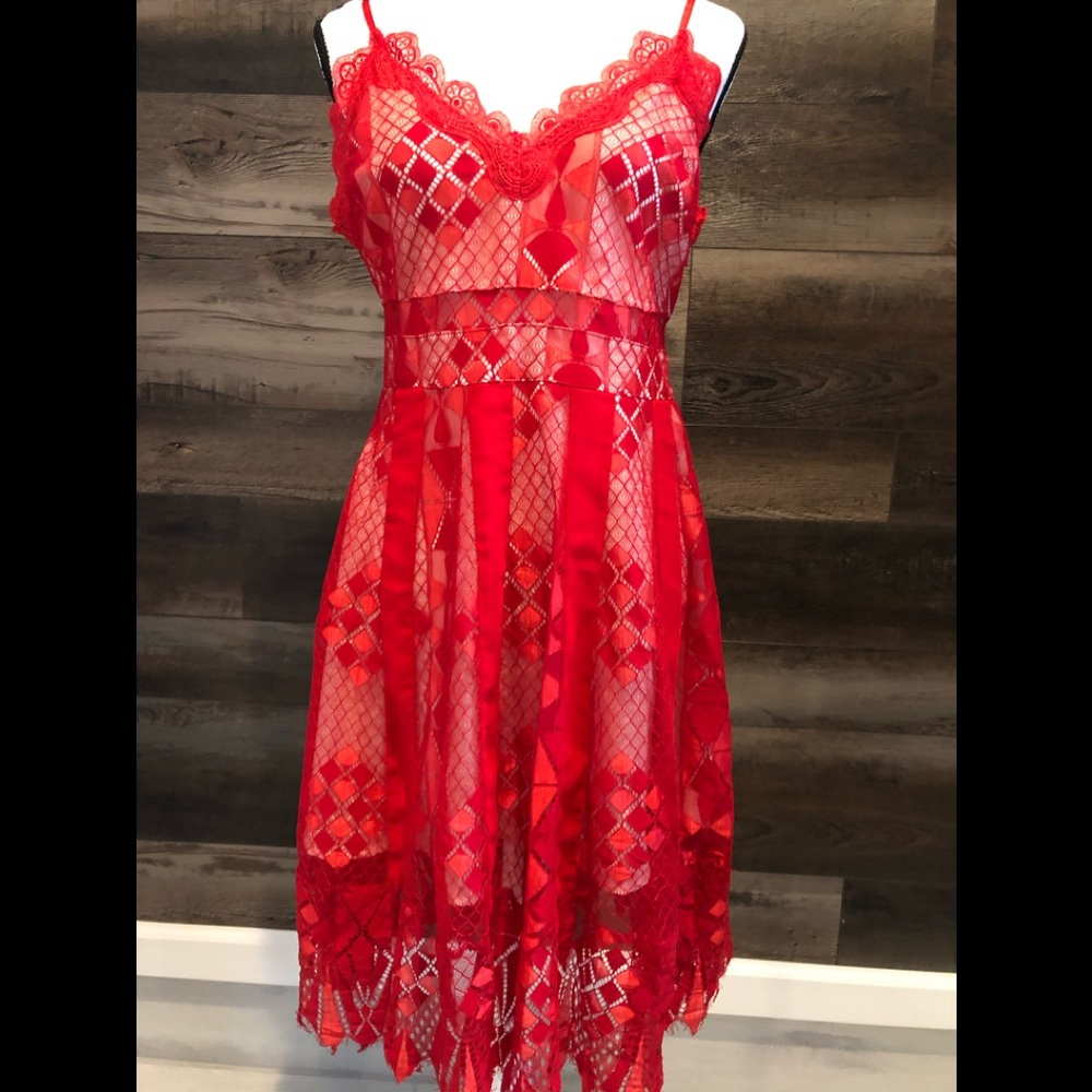 Nordstrom Foxiedox Red Geometric Lace dress. Sz L